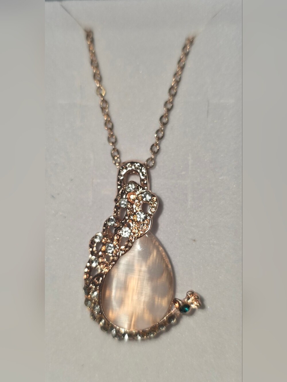 Rose Gold Teardrop Pendant Peacock Necklace with Crystal Accents